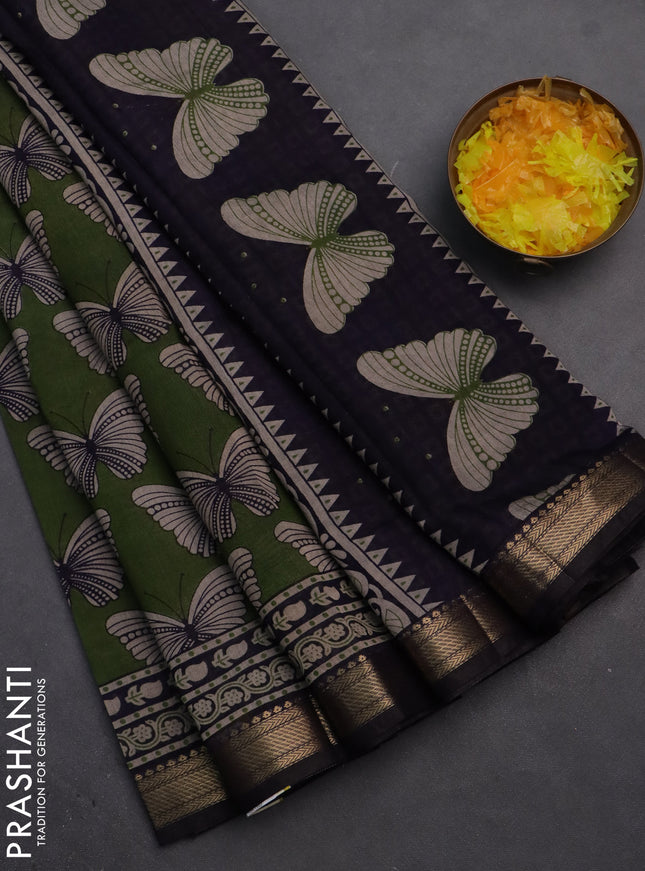 Semi maheshwari cotton saree sap green and deep jamun with allover butterfly butta prints and zari woven border