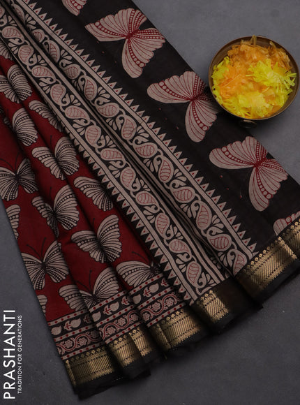Semi maheshwari cotton saree maroon and coffee brown with allover butterfly butta prints and zari woven border