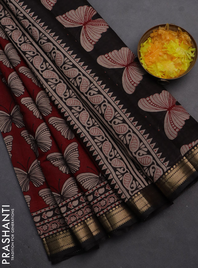 Semi maheshwari cotton saree maroon and coffee brown with allover butterfly butta prints and zari woven border