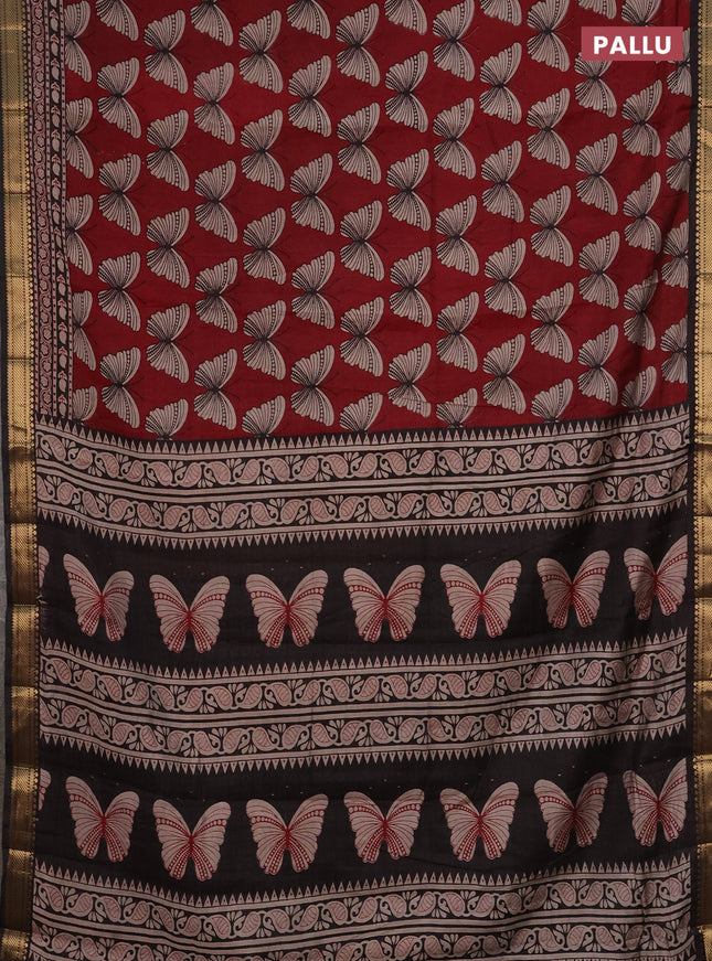 Semi maheshwari cotton saree maroon and coffee brown with allover butterfly butta prints and zari woven border