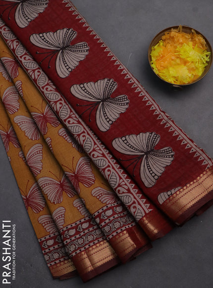 Semi maheshwari cotton saree dark mustard and maroon with allover butterfly butta prints and zari woven border