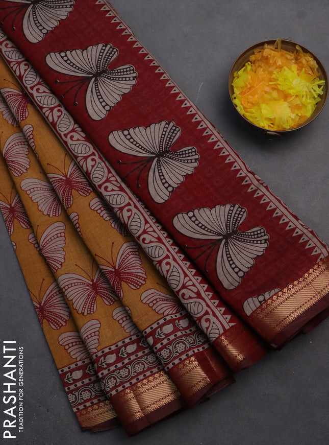 Semi maheshwari cotton saree dark mustard and maroon with allover butterfly butta prints and zari woven border