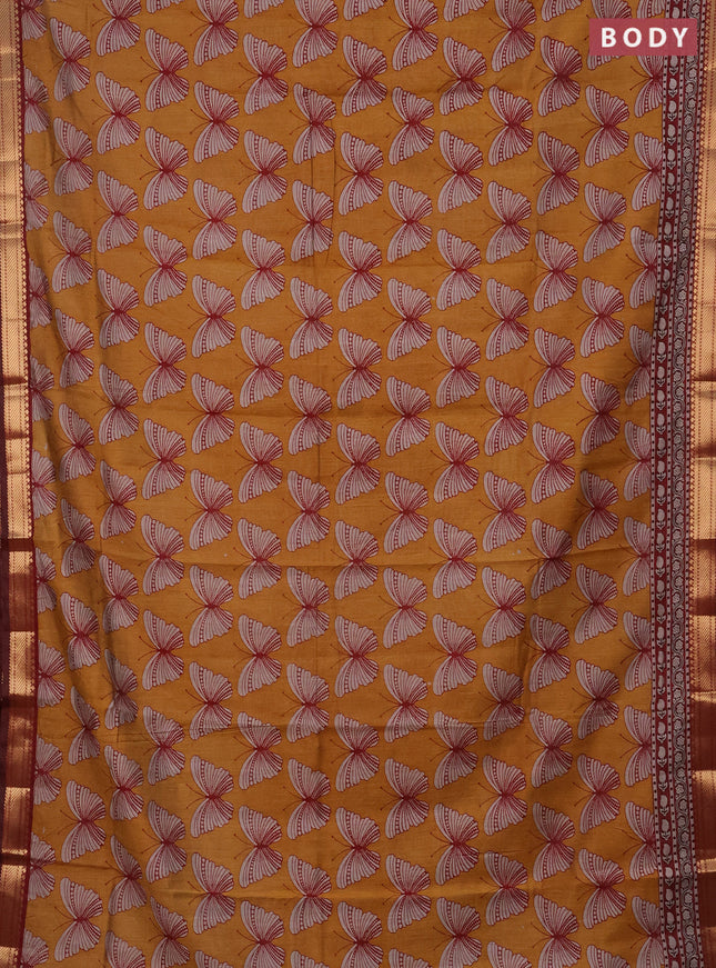 Semi maheshwari cotton saree dark mustard and maroon with allover butterfly butta prints and zari woven border