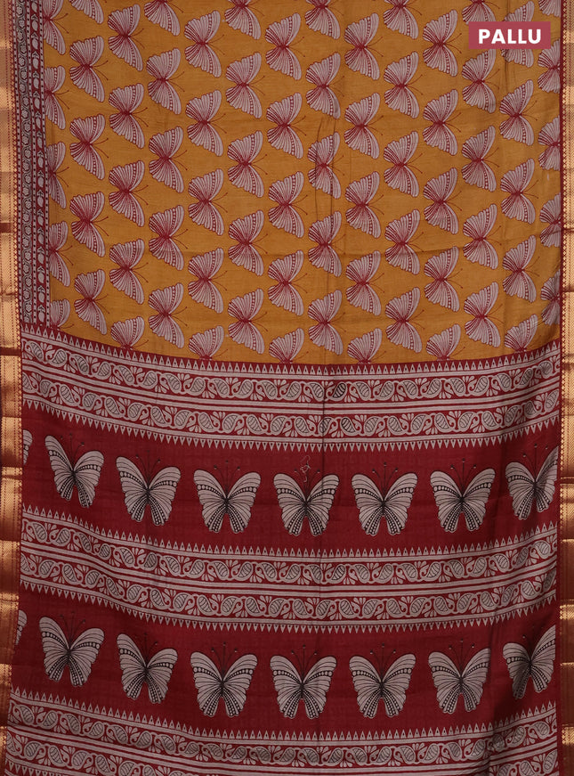 Semi maheshwari cotton saree dark mustard and maroon with allover butterfly butta prints and zari woven border
