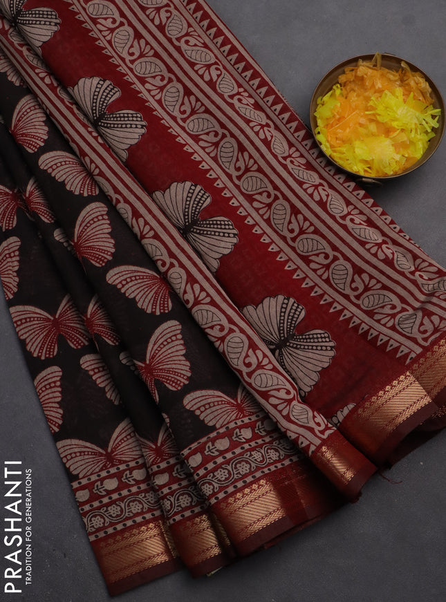 Semi maheshwari cotton saree black and maroon with allover butterfly butta prints and zari woven border