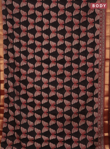 Semi maheshwari cotton saree black and maroon with allover butterfly butta prints and zari woven border