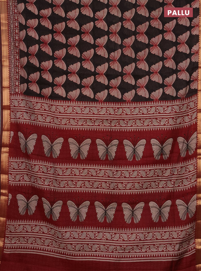 Semi maheshwari cotton saree black and maroon with allover butterfly butta prints and zari woven border