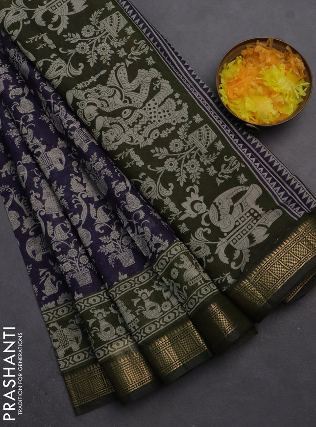 Semi maheshwari cotton saree navy blue and sap green with allover kalamkari prints and zari woven border