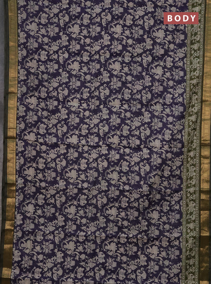 Semi maheshwari cotton saree navy blue and sap green with allover kalamkari prints and zari woven border