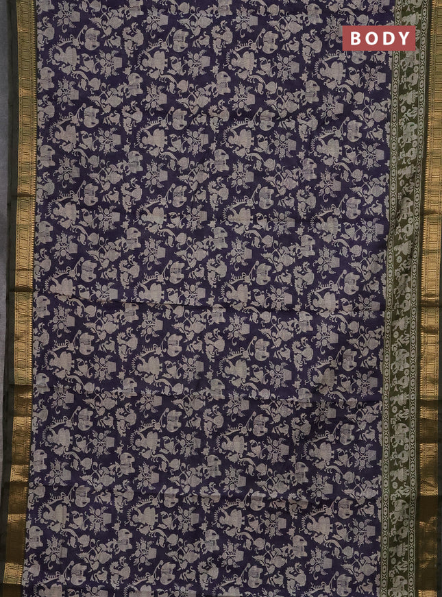 Semi maheshwari cotton saree navy blue and sap green with allover kalamkari prints and zari woven border