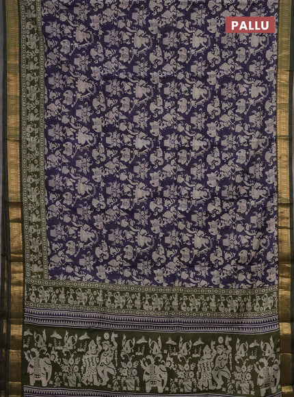 Semi maheshwari cotton saree navy blue and sap green with allover kalamkari prints and zari woven border