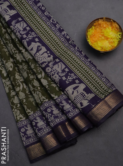 Semi maheshwari cotton saree sap green and navy blue with allover kalamkari prints and zari woven border