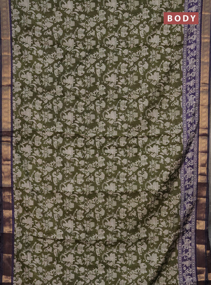 Semi maheshwari cotton saree sap green and navy blue with allover kalamkari prints and zari woven border