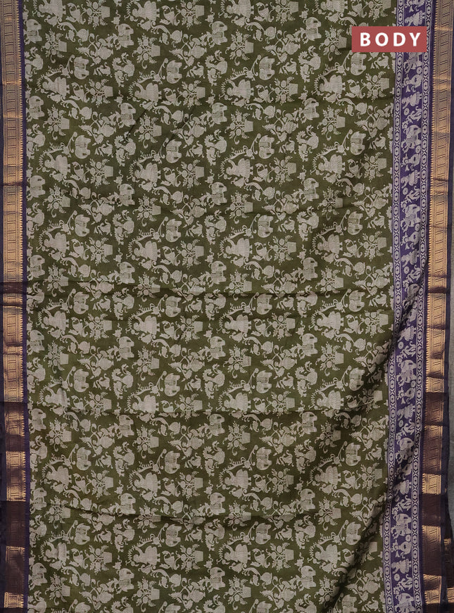 Semi maheshwari cotton saree sap green and navy blue with allover kalamkari prints and zari woven border