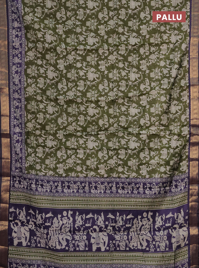 Semi maheshwari cotton saree sap green and navy blue with allover kalamkari prints and zari woven border