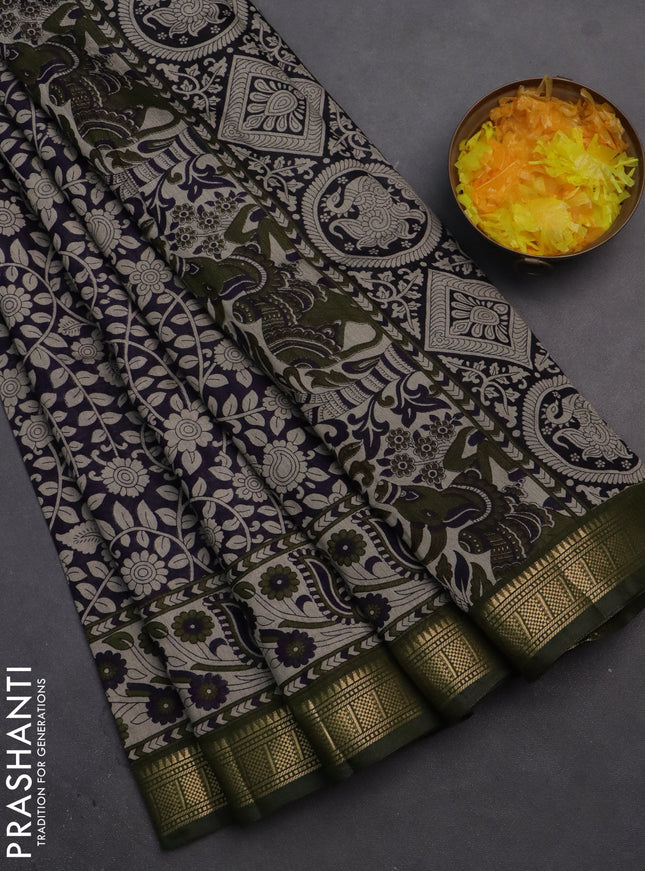 Semi maheshwari cotton saree navy blue and sap green with allover kalamkari prints and zari woven border