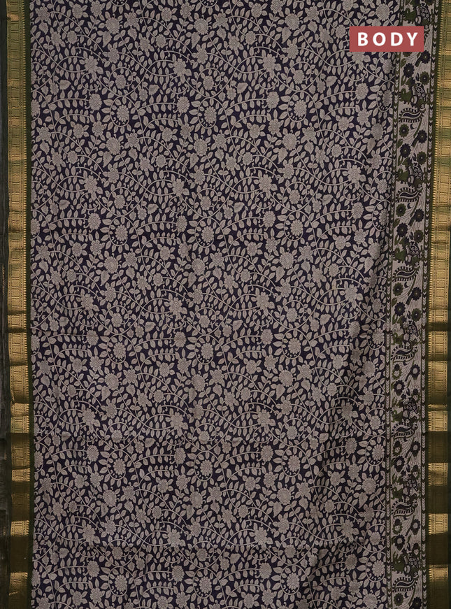Semi maheshwari cotton saree navy blue and sap green with allover kalamkari prints and zari woven border