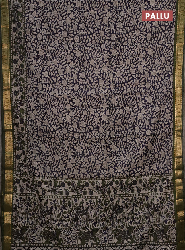 Semi maheshwari cotton saree navy blue and sap green with allover kalamkari prints and zari woven border