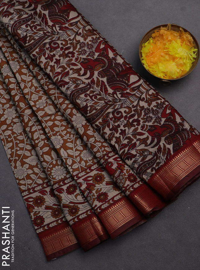 Semi maheshwari cotton saree dark mustard and maroon with allover kalamkari prints and zari woven border