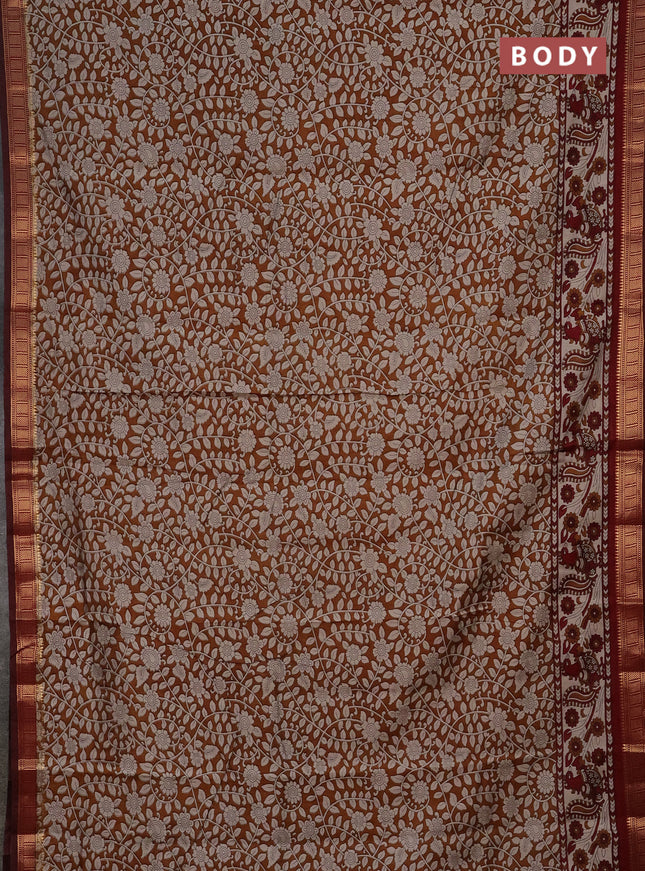 Semi maheshwari cotton saree dark mustard and maroon with allover kalamkari prints and zari woven border