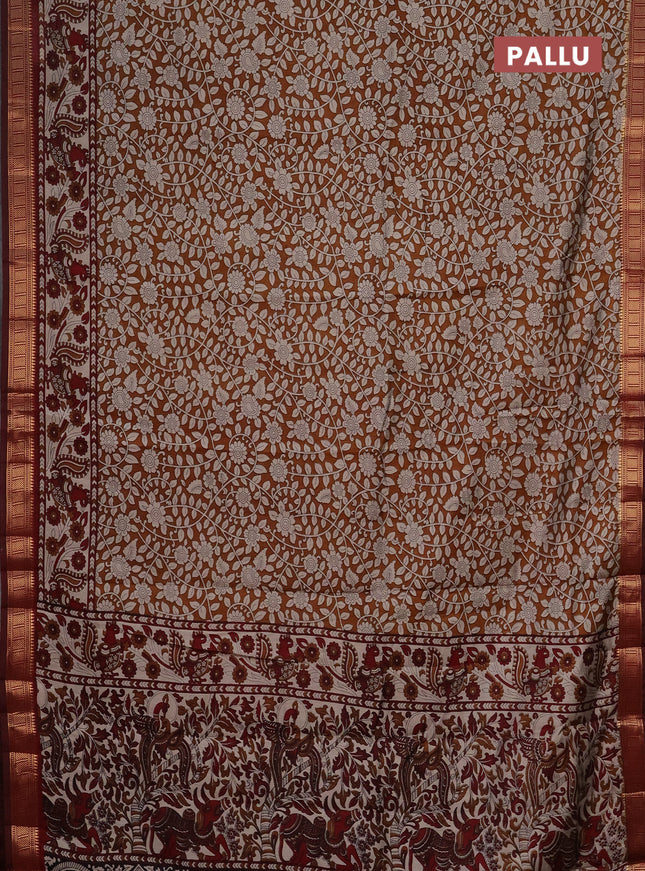 Semi maheshwari cotton saree dark mustard and maroon with allover kalamkari prints and zari woven border