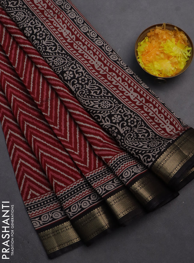 Semi maheshwari cotton saree maroon and black with allover ikat prints and zari woven border