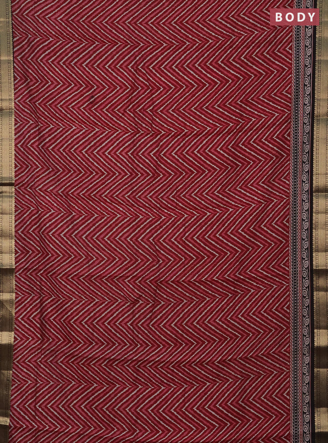 Semi maheshwari cotton saree maroon and black with allover ikat prints and zari woven border