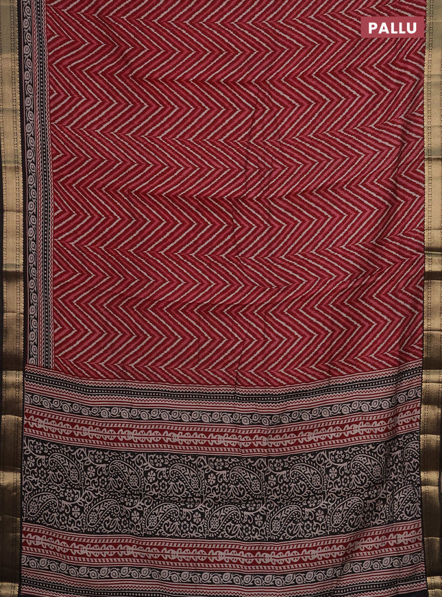 Semi maheshwari cotton saree maroon and black with allover ikat prints and zari woven border