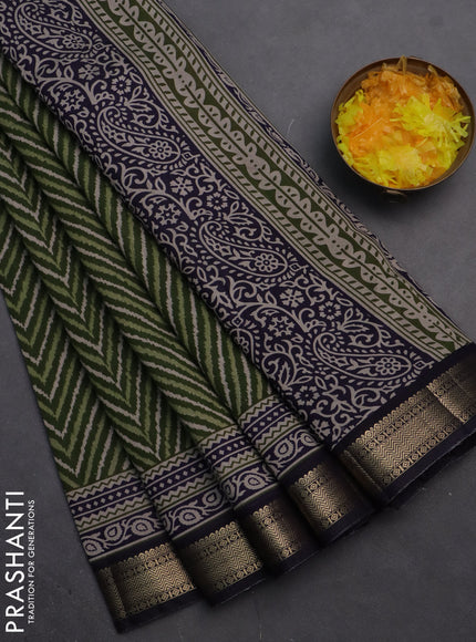 Semi maheshwari cotton saree sap green and navy blue with allover ikat prints and zari woven border