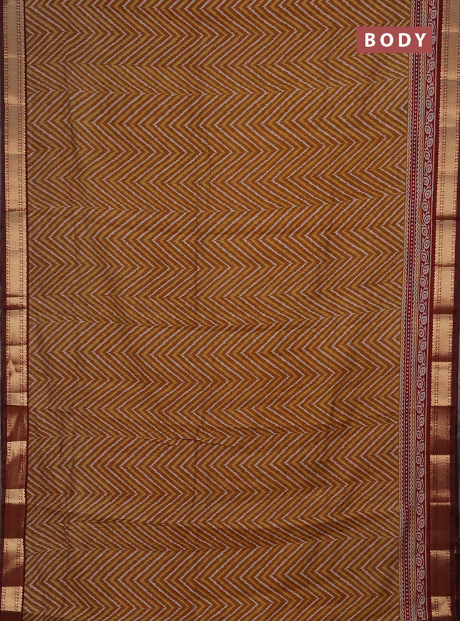 Semi maheshwari cotton saree dark mustard and maroon with allover ikat prints and zari woven border