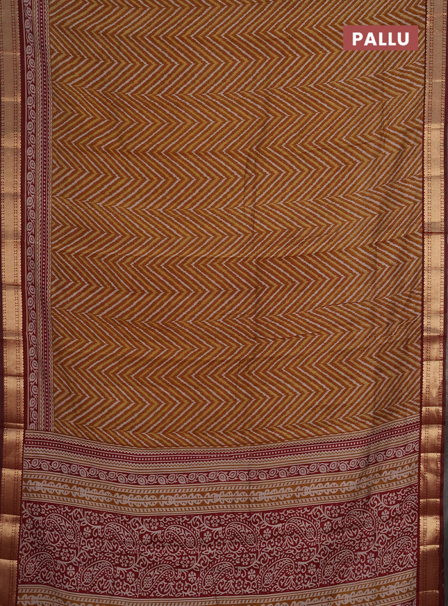 Semi maheshwari cotton saree dark mustard and maroon with allover ikat prints and zari woven border