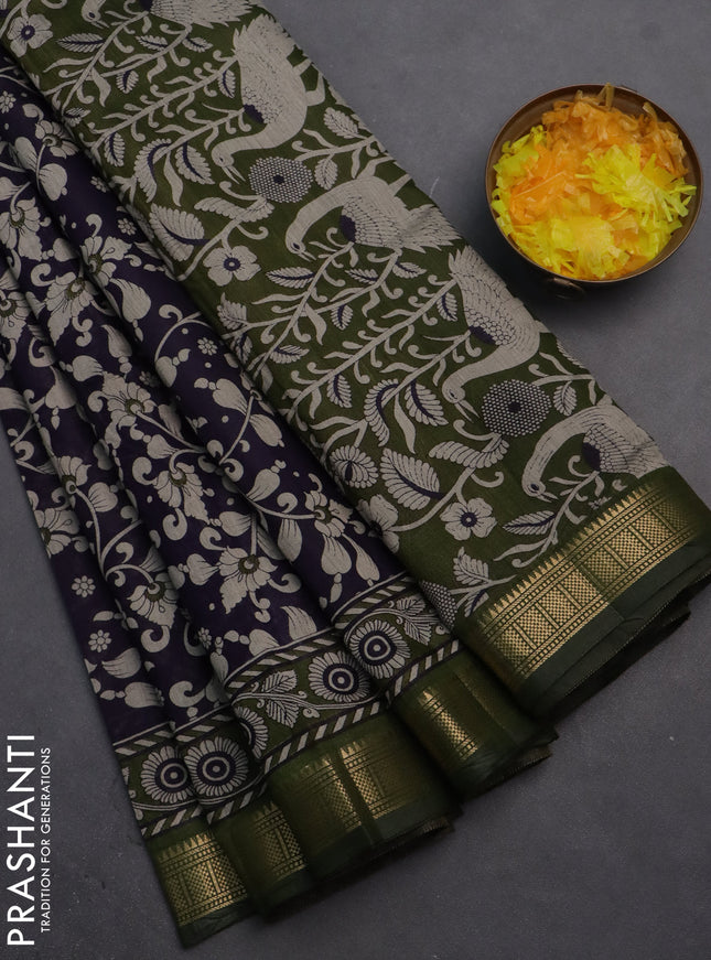 Semi maheshwari cotton saree navy blue and sap green with allover kalakari prints and zari woven border
