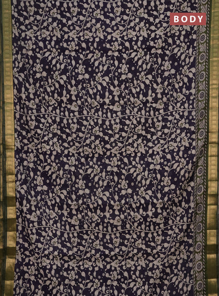 Semi maheshwari cotton saree navy blue and sap green with allover kalakari prints and zari woven border