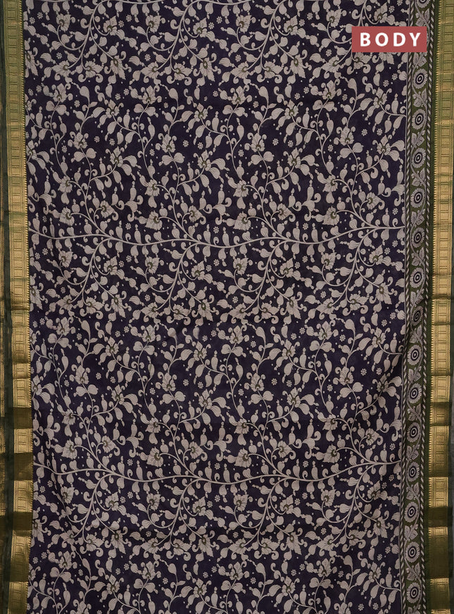 Semi maheshwari cotton saree navy blue and sap green with allover kalakari prints and zari woven border