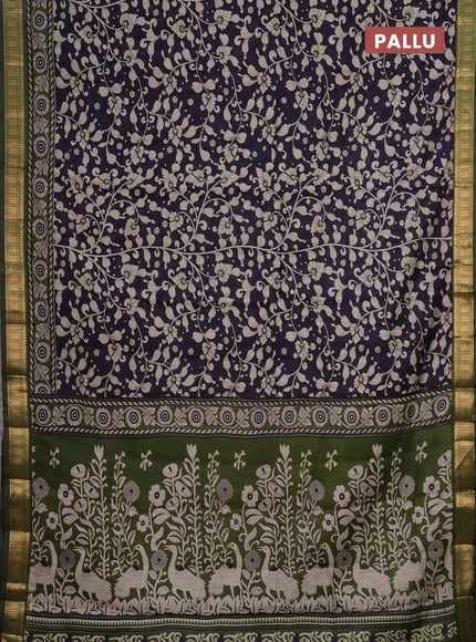 Semi maheshwari cotton saree navy blue and sap green with allover kalakari prints and zari woven border