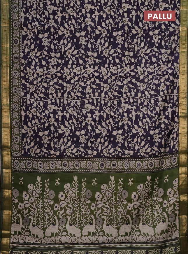 Semi maheshwari cotton saree navy blue and sap green with allover kalakari prints and zari woven border
