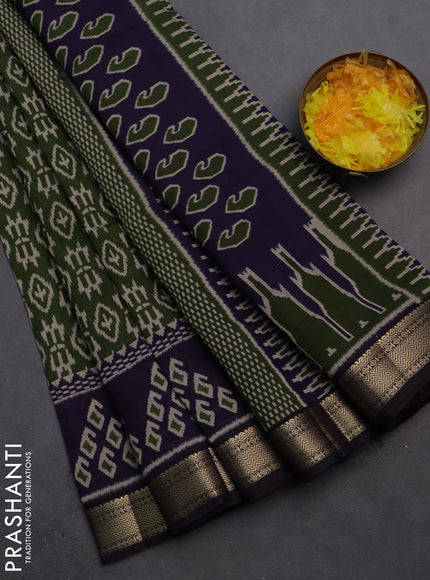 Semi maheshwari cotton saree sap green and navy blue with allover ikat prints and zari woven border