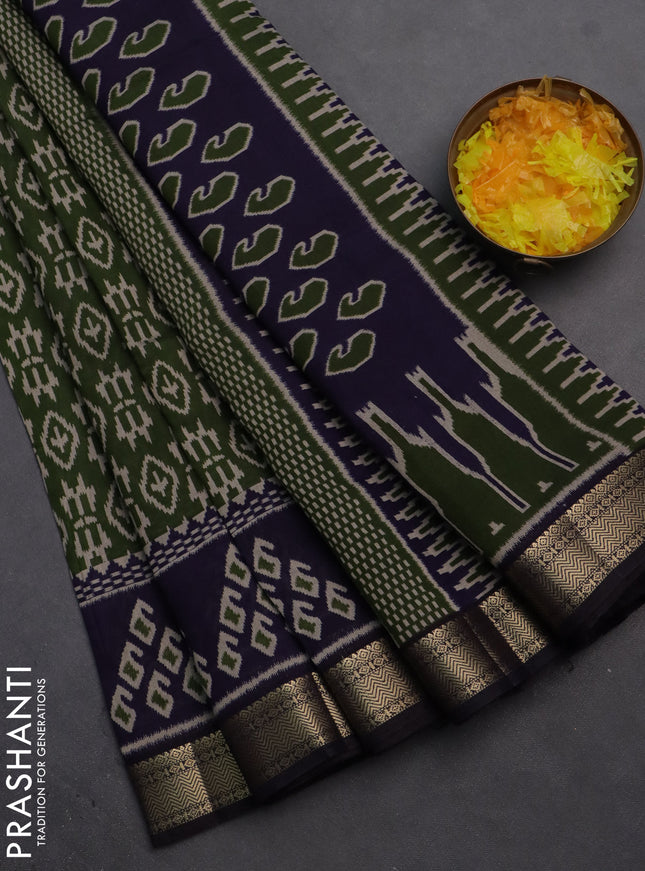 Semi maheshwari cotton saree sap green and navy blue with allover ikat prints and zari woven border