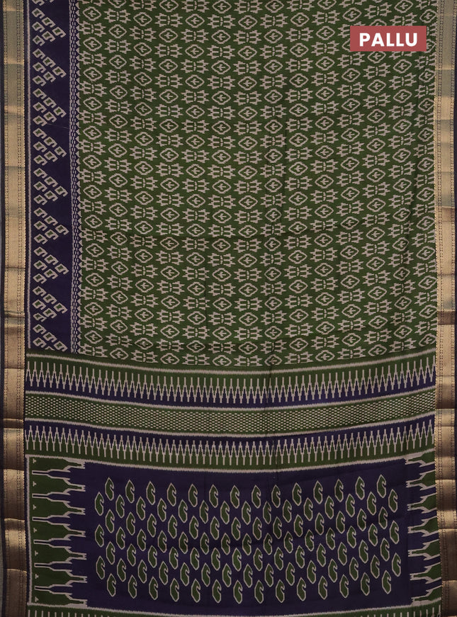 Semi maheshwari cotton saree sap green and navy blue with allover ikat prints and zari woven border