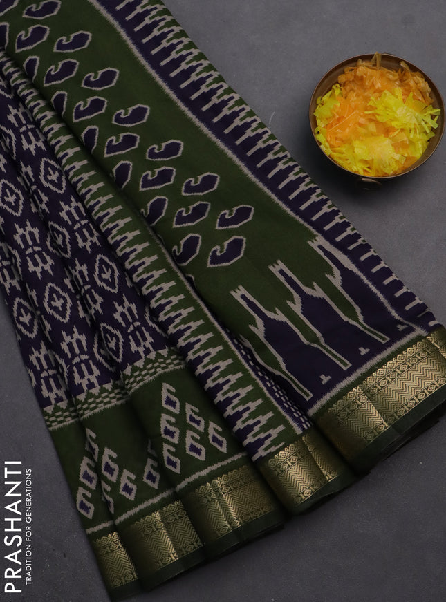 Semi maheshwari cotton saree navy blue and sap green with allover ikat prints and zari woven border
