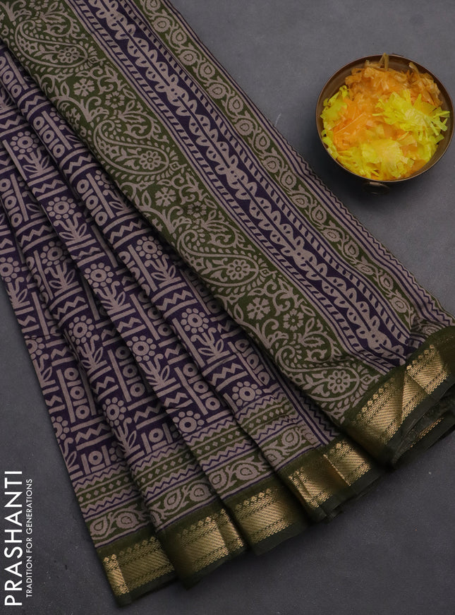 Semi maheshwari cotton saree deep jamun and sap green with allover prints and zari woven border