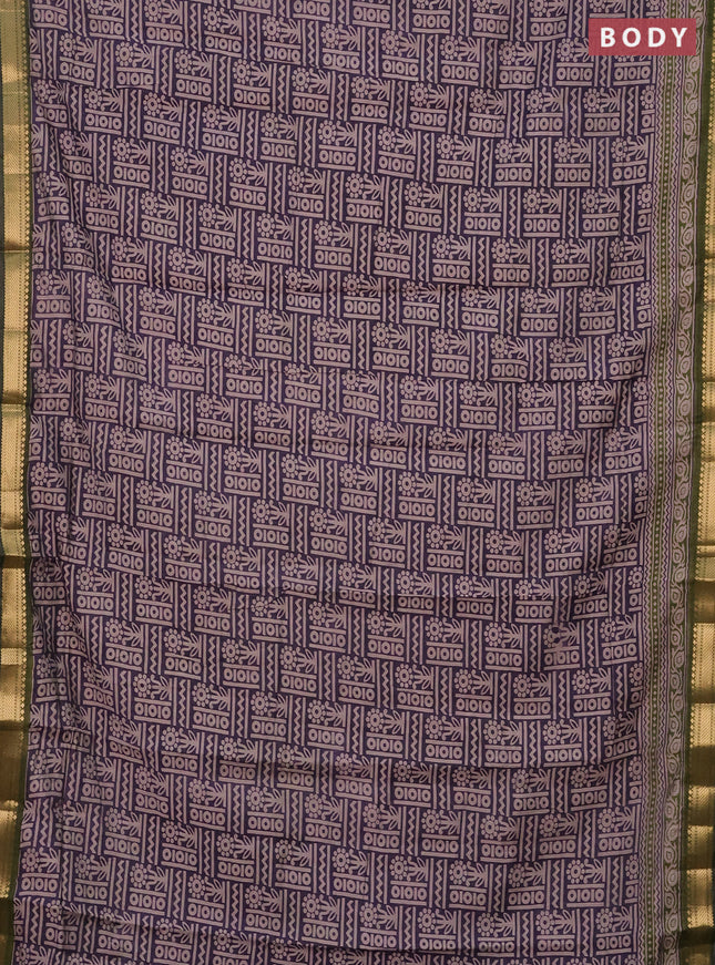 Semi maheshwari cotton saree deep jamun and sap green with allover prints and zari woven border