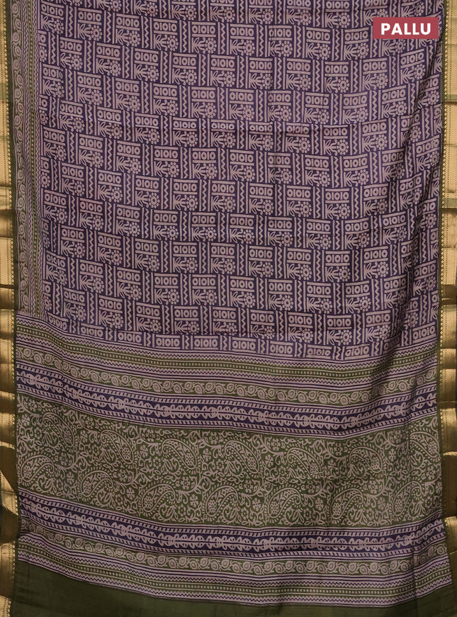 Semi maheshwari cotton saree deep jamun and sap green with allover prints and zari woven border