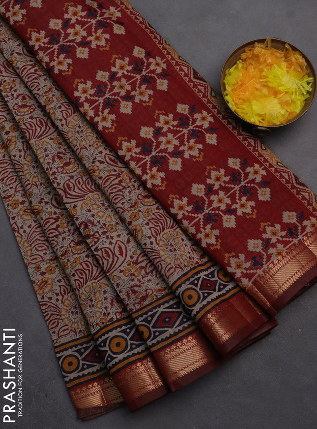 Semi maheshwari cotton saree beige and maroon with allover prints and zari woven border