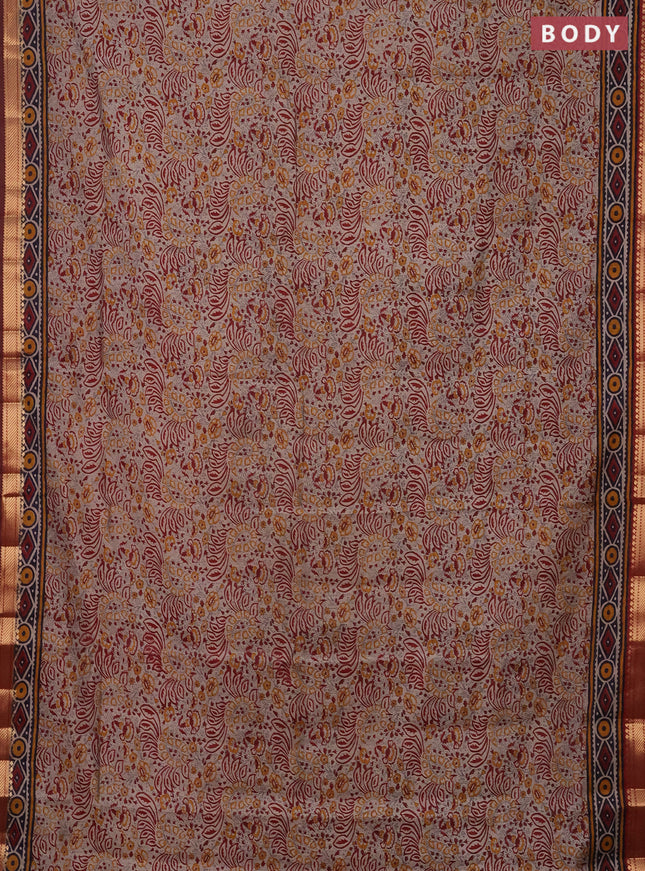 Semi maheshwari cotton saree beige and maroon with allover prints and zari woven border