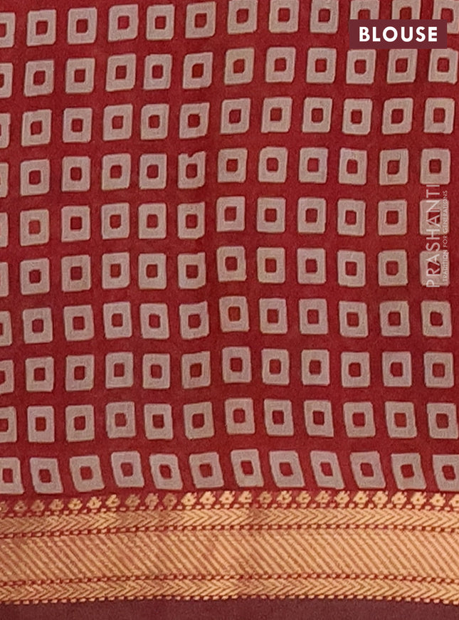 Semi maheshwari cotton saree beige and maroon with allover prints and zari woven border
