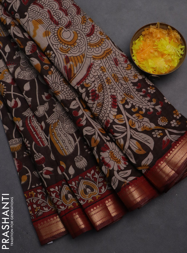 Semi maheshwari cotton saree brown and maroon with allover kalamkari prints and zari woven border