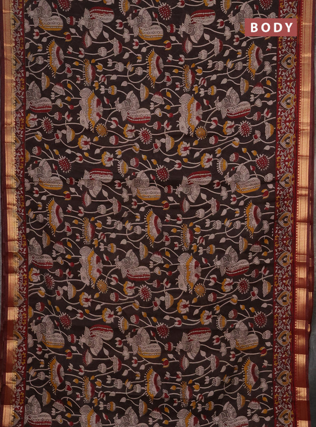 Semi maheshwari cotton saree brown and maroon with allover kalamkari prints and zari woven border