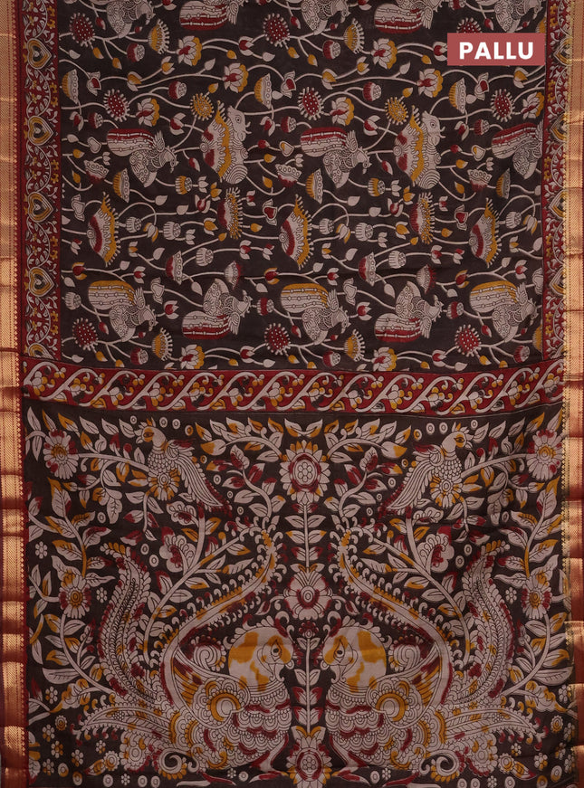 Semi maheshwari cotton saree brown and maroon with allover kalamkari prints and zari woven border