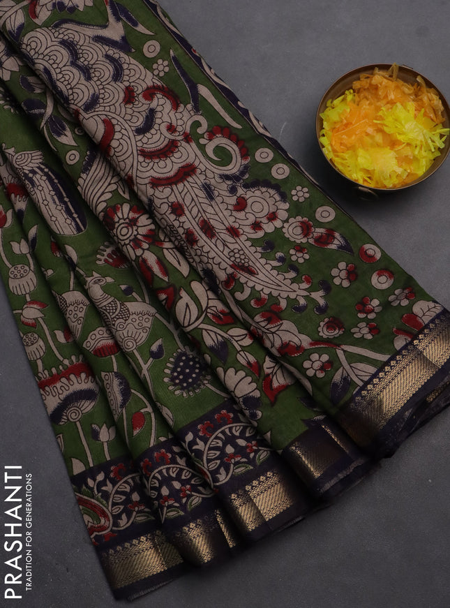 Semi maheshwari cotton saree sap green and deep jamun with allover kalamkari prints and zari woven border